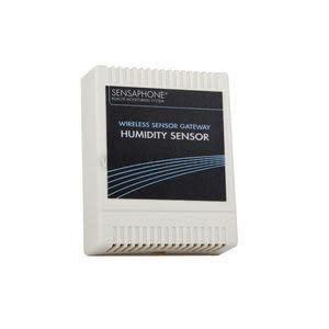 Wireless sensor gateway humidity sensor housed in a small white box with ventilation slots and a dark label.