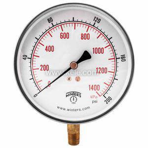 Industrial analog pressure gauge showing a dual scale up to 200 psi and 1,400 kilopascals, featuring a black needle and red inner scale on a white dial.