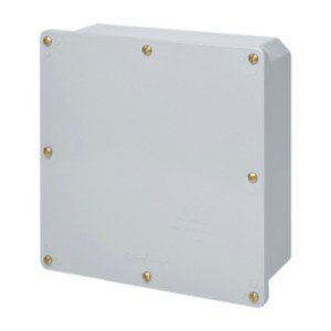 Grey rectangular cover with six brass-colored screws.