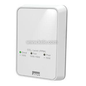 White CO₂ level monitor with three indicator lights labeled good, fair and poor.