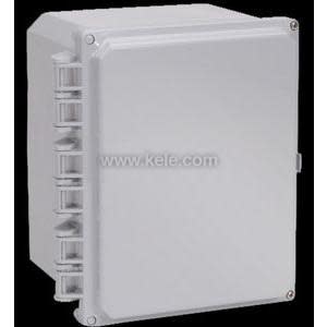 Grey weatherproof enclosure with hinged door and drip shield.