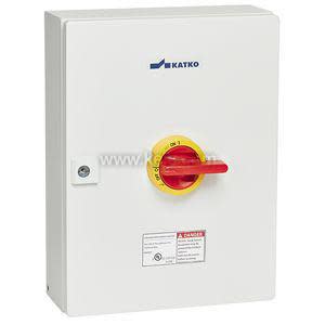 A white rectangular switch box with a red and yellow turn handle in the center and the Katko logo above.