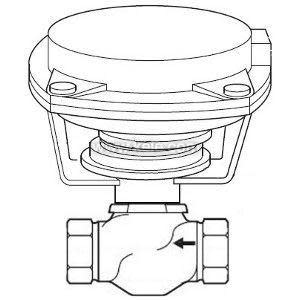 line illustration of a valve with threaded connections on both sides and a large round actuator housing above, with an arrow indicating flow direction