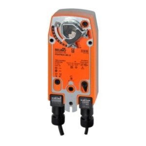 Large orange actuator with a grey base, manual release handle and printed label