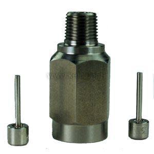 Metal flow switch assembly with a threaded cylindrical body and two protruding rod sensors.