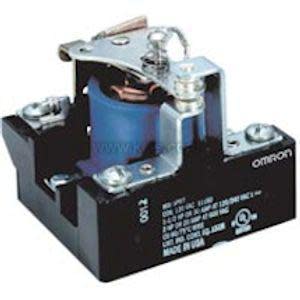 An open-frame electrical relay with a black base, visible blue coil, and silver metal contact pieces on top.
