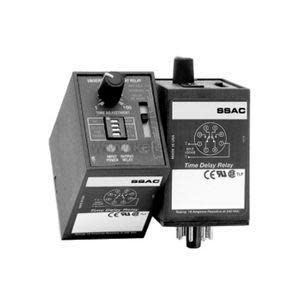 Two black rectangular electrical modules labeled 'SSAC' with knobs, switches, and a printed wiring diagram, used as time delay relays.