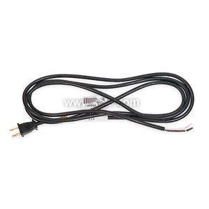 Long black electrical cable coiled in a loop; one end has a two-pin plug and the other has exposed wires.