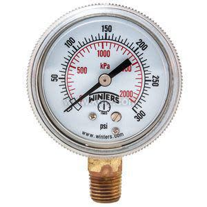 Round pressure gauge with white face, red and black numbers and a brass threaded fitting at the bottom, showing pressure up to 300 psi.