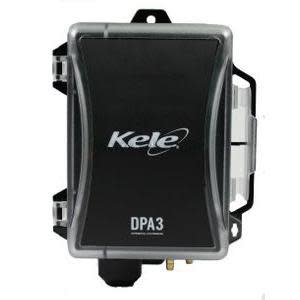 Black rectangular pressure alarm box labelled Kele DPA3 with clear hinged cover and mounting ears