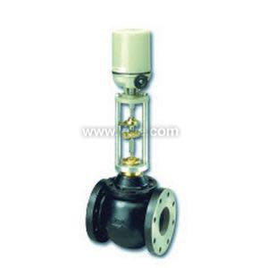 Industrial valve unit with dark round body and flanges on both ends; a beige cylindrical actuator sits on top.