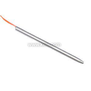 A slender cylindrical metal sensor with a smooth body and an orange electrical wire coming out of one end.