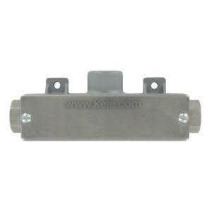 Grey rectangular block with two threaded ports protruding from either end and two small holes on the top for mounting.