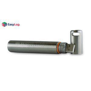 Slim metal cylinder with an orange gasket and a removable end cap revealing a USB plug for data download.