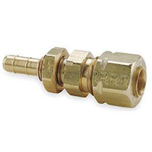 Brass fitting assembly with ridged hose barb on one end and hex compression nut on the other.