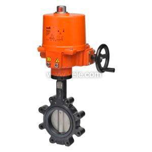 An orange electric actuator mounted on a black multi-bolt butterfly valve body with a small handwheel on the side, used to control fluid flow, shown on a white background.