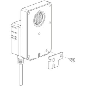 Black-and-white illustration of a wall-mounted rectangular device with a ribbed circular opening and a separate mounting plate and screw