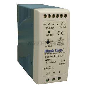 Industrial power supply with ribbed blue housing and beige front panel showing a green indicator, adjustment screw and terminal holes