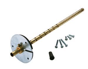 Long brass tube with evenly spaced holes attached to a round plate, accompanied by screws and a black rubber cap
