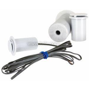 Two white cylindrical plastic probes with flanged lips accompanied by a coiled gray wire lead for remote mounting.