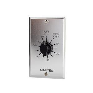 Rectangular stainless wall plate with single round black knob dial labelled in minutes and OFF/Turn Past