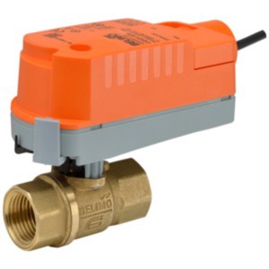 Orange actuator on top of a brass ball valve with threaded female ends.