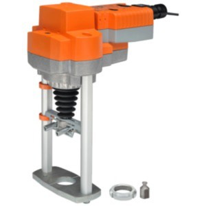 Orange actuator mounted on aluminum frame with two vertical rods and black bellows, includes separate ring and adapter