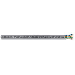 Grey communication cable with printed text and several colored wires at one end.
