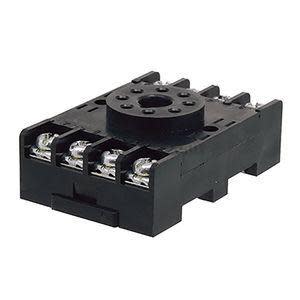 Black plastic relay socket with six screw terminals and a central socket cavity