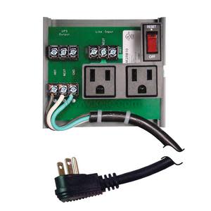 Compact grey box with two outlets and short power cord with plug attached.