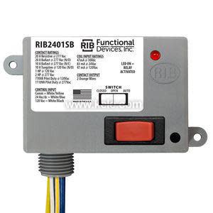 Small grey rectangular control box with red push-button switch, red LED, white label and multicolored wires exiting bottom.