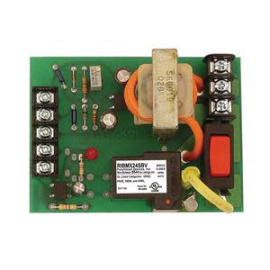 Open green circuit board assembly labeled RIBMX24SBV featuring a large coil, red push button, and multiple screw terminals