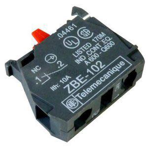 Small black rectangular contact block labelled ZBE‑102 with a red actuator on top.