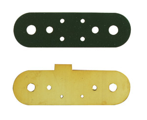 Two elongated mounting plates, one dark green and one yellow, each with multiple holes of different sizes for screws or fasteners.