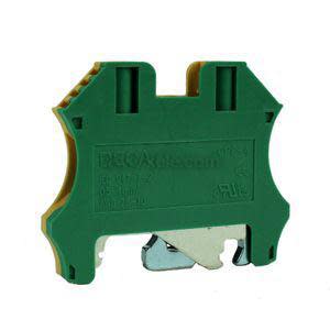 Small green and yellow plastic clamp with metal foot for snapping onto a rail