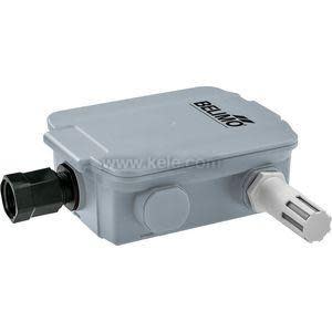 Grey rectangular sensor enclosure with cylindrical vented probe and black conduit gland