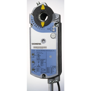 Rectangular actuator device with a circular hub at the top marked with yellow arrows and degrees, labelled 'Siemens'