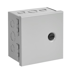 Square grey metal box with round knockouts on sides and top, left-side hinge and black screw latch on the door.