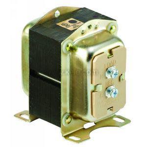 Compact metal-wrapped transformer with a laminated iron core and a small beige cover featuring two screw terminals