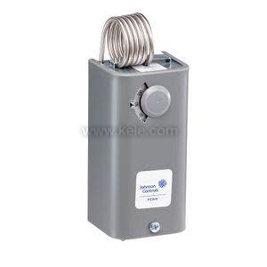 Grey rectangular thermostat with dial knob and coiled metal sensor on top