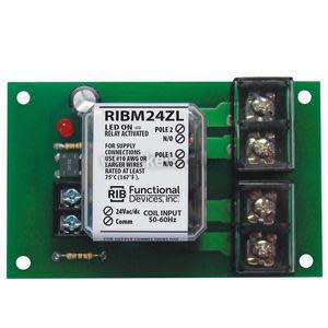 Green circuit board relay assembly labeled RIBM24ZL with rectangular relay and sets of screw terminals on right