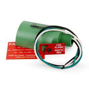 Green fire alarm module with colored wires and red warning tags