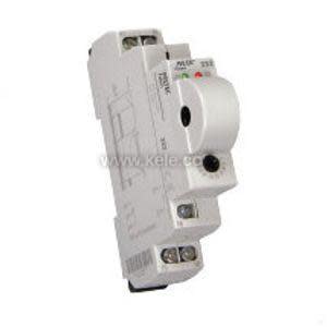 Narrow white DIN rail module with round adjustment dial and screw terminals.