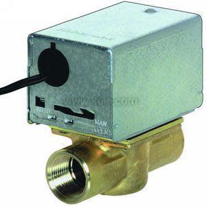 A compact brass valve with a square metal motor housing on top and a threaded pipe connection on one end, used for controlling fluid flow.