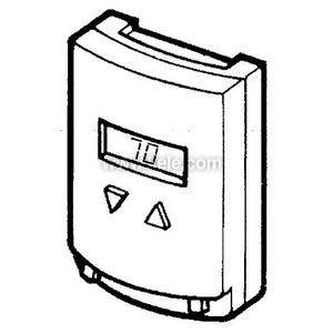 Line drawing of a rectangular thermostat with digital display showing 70 and two triangular control buttons