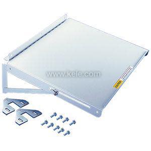 Silver metal shield with side brackets and screws used as a shade for equipment.