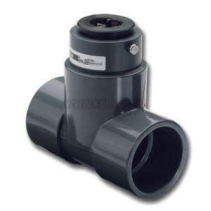Grey PVC flow sensor with top module and threaded ports.