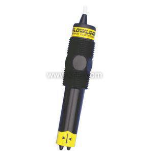 Black and yellow thermal flow sensor with two long stainless prongs