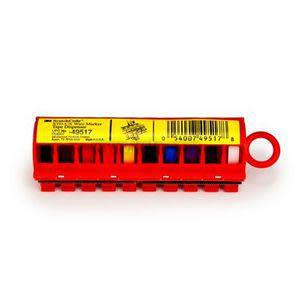 Red wire marker dispenser with multicolored markers and yellow label