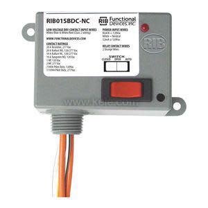Compact grey relay box marked RIB01SBDC-NC featuring a red rectangular button, printed technical information, and orange and white wires exiting below.